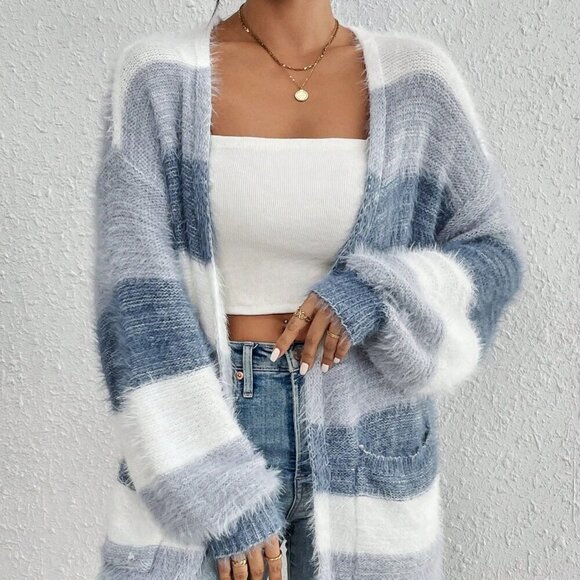 Multicolor Casual Women's Drop Shoulder Open Front Fluffy Knit Duster Cardigan - Picture 2 of 5